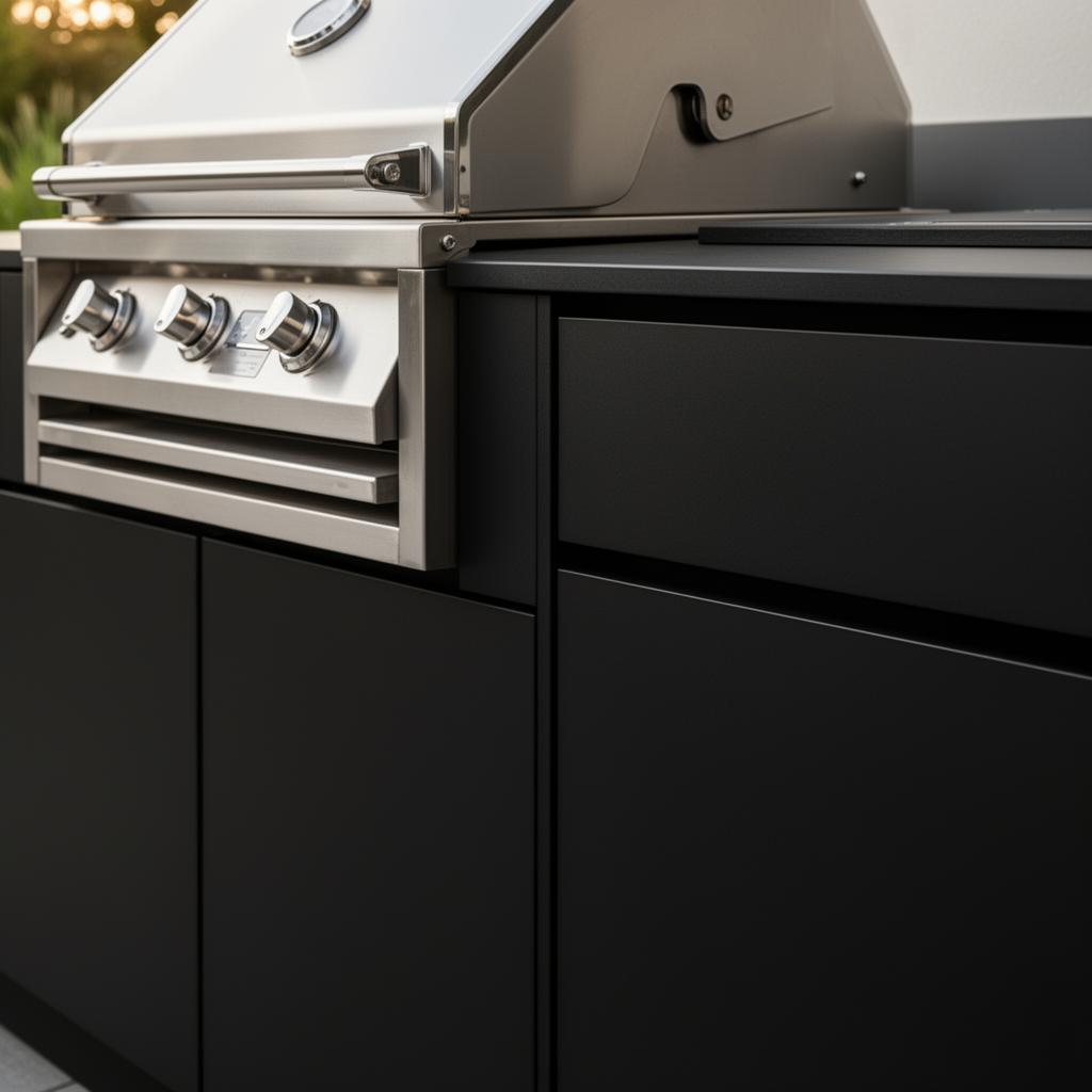Detail of stainless steel BBQ in Barbee's compact laminate cabinetry