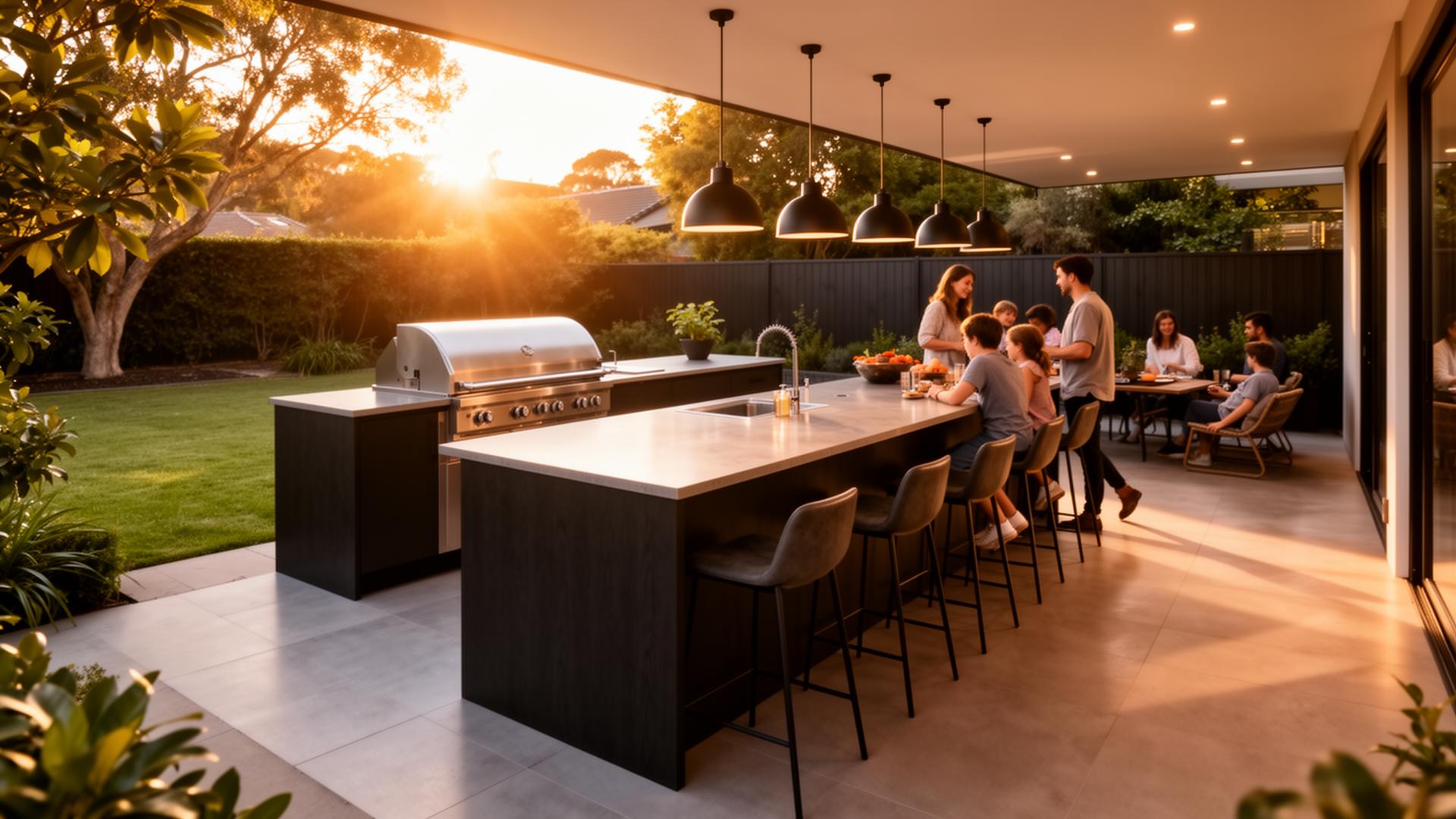 Family enjoying a Barbee's outdoor kitchen in Melbourne at sunset